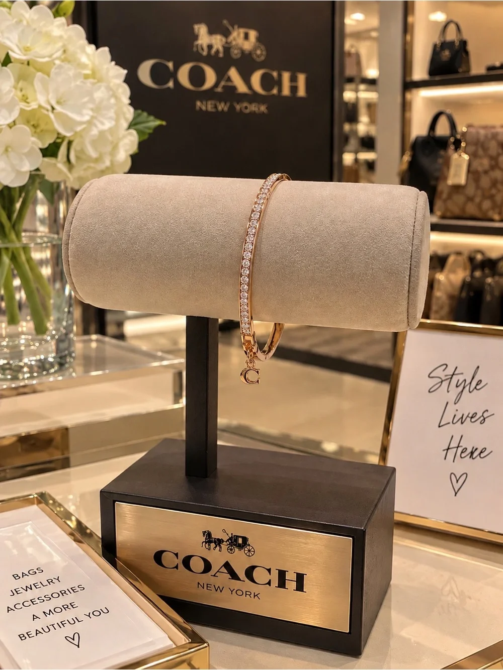 Coach Rose Gold Crystal Pavé Hinged Bangle with 'C' Charm